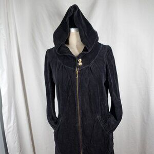 Juicy Couture Large Black 2 Button Velvet Long Zip-up Hoodie Jacket Coat